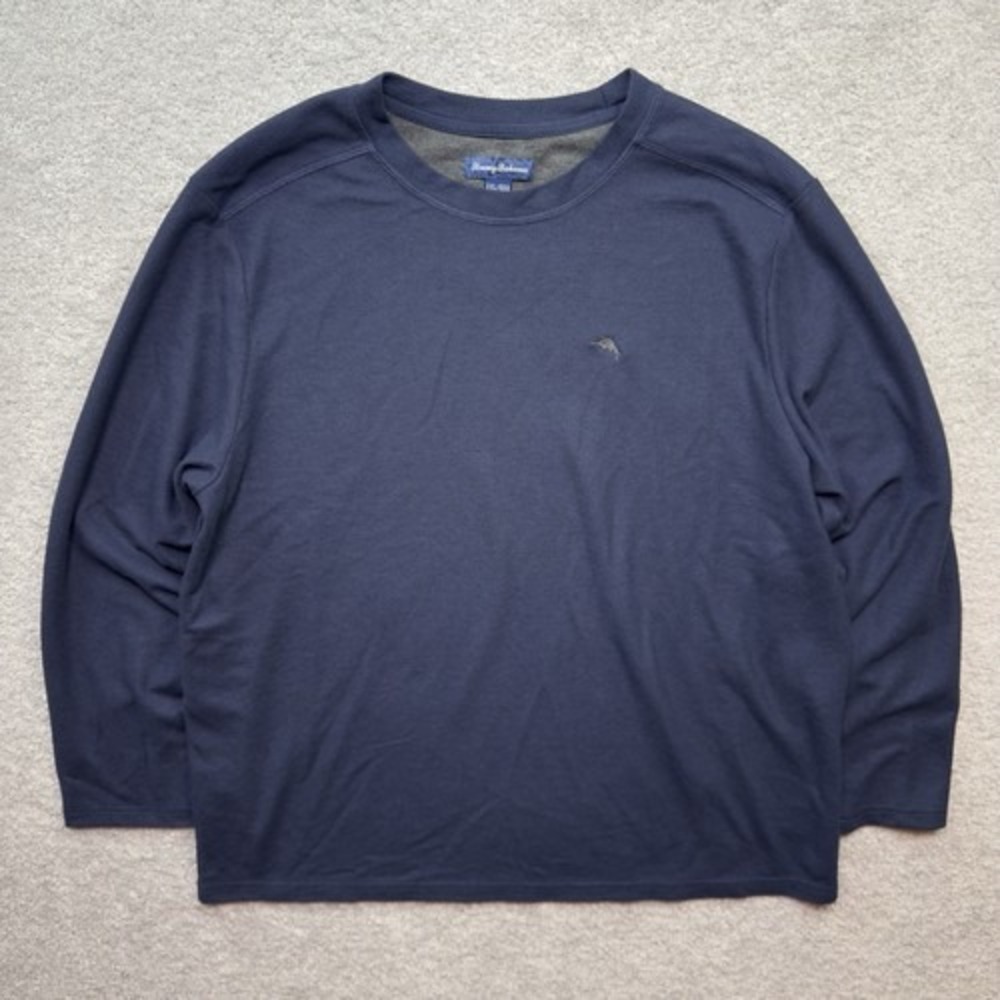 Tommy Bahama Mens XXL Navy Blue Long Sleeve Pique Crewneck Shirt Marlin Logo